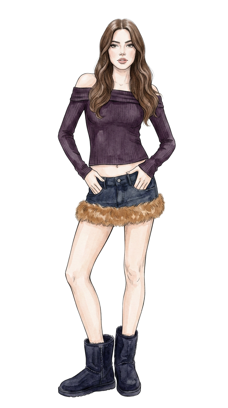 Off-Shoulder Fur Denim Look
