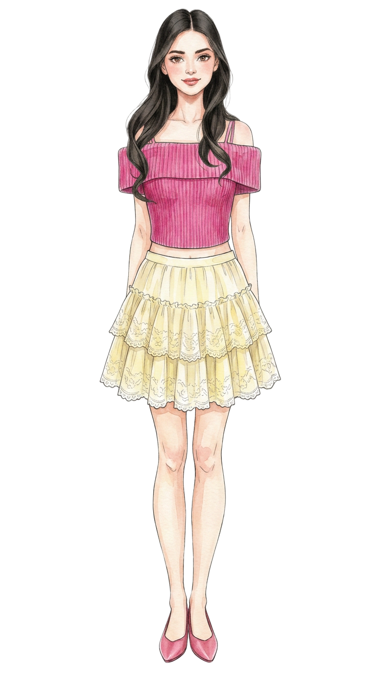 Pink Knit Top & Yellow Lace Mini